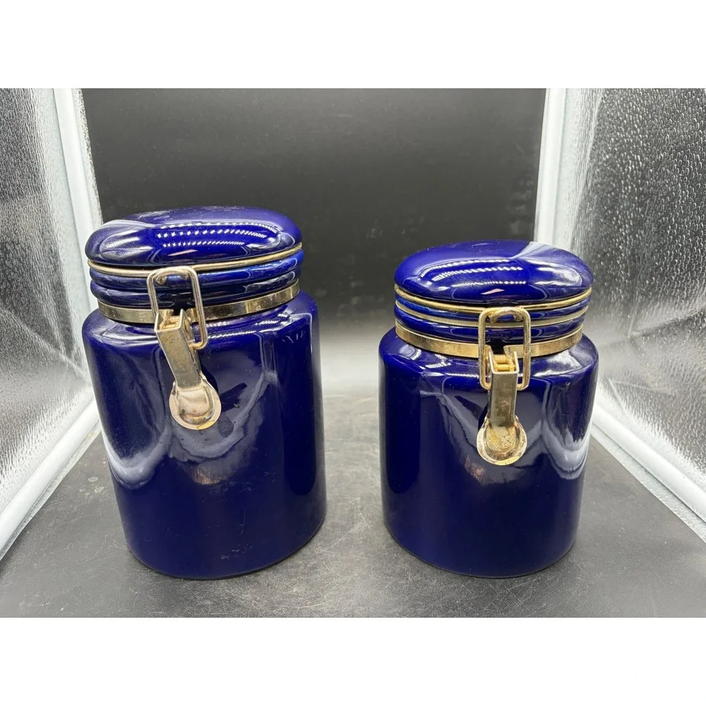 SAC Cobalt Blue Ceramic Canister Set 2 Piece Glossy Gold Tone Clamp Lid Storage
